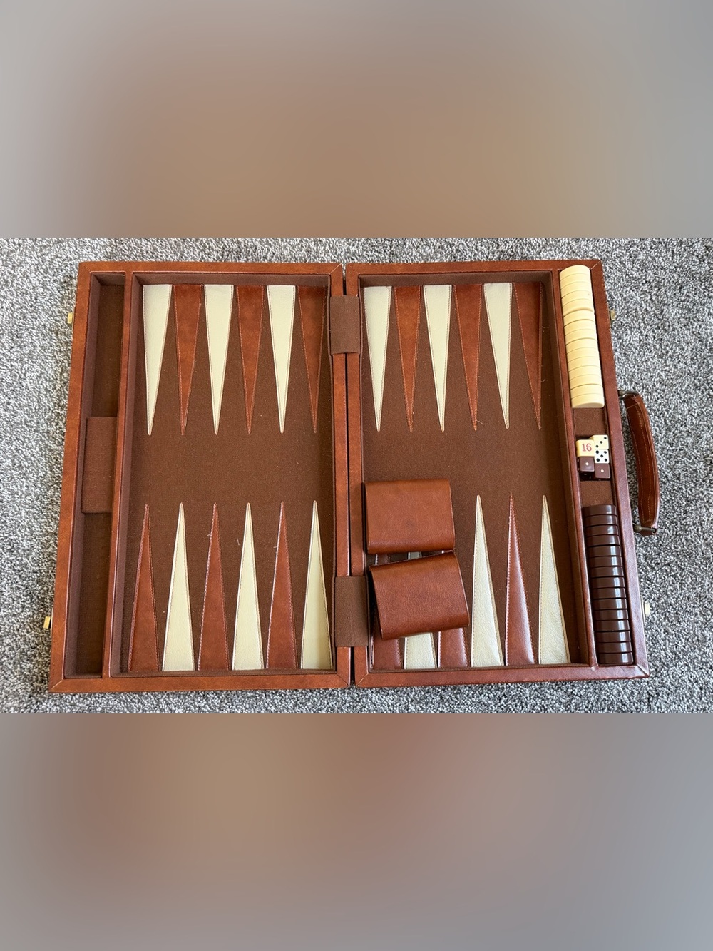 Vintage Leather Backgammon Set Attaché Case – Stitched Board – Complete